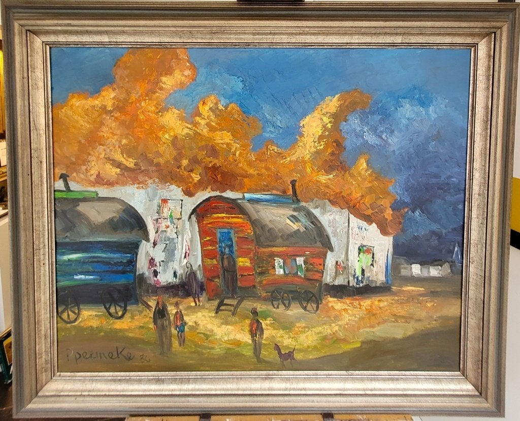 Paul PERMEKE, bij de woonwagens, Antiek en Kunst, Kunst | Schilderijen | Klassiek, Ophalen, Doek, Expressionistisch, Landschap