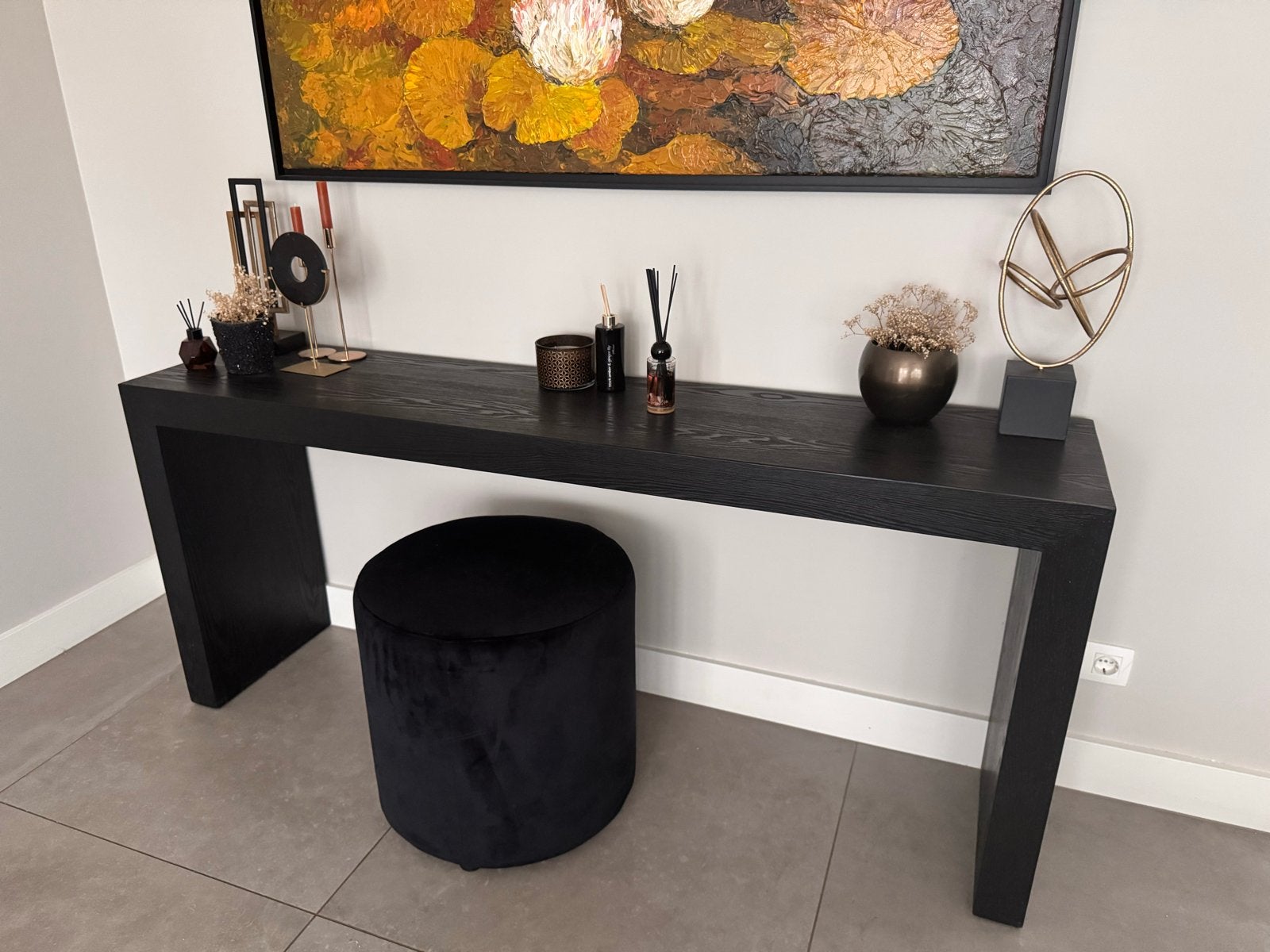 Zwart eiken sidetable/console tafel Dubbelman Design, Ophalen, Eikenhout, Zo goed als nieuw, 150 tot 200 cm