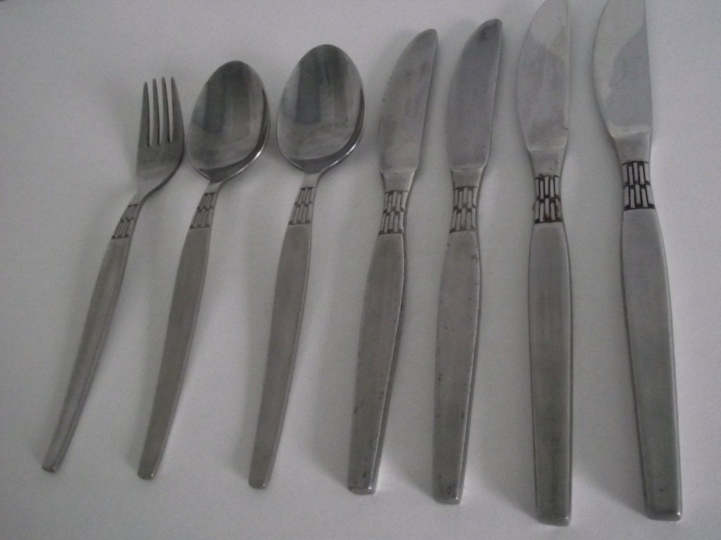 8 RVS zwart streepjes decor bestek Amefa stainless 1960 p st, Ophalen of Verzenden