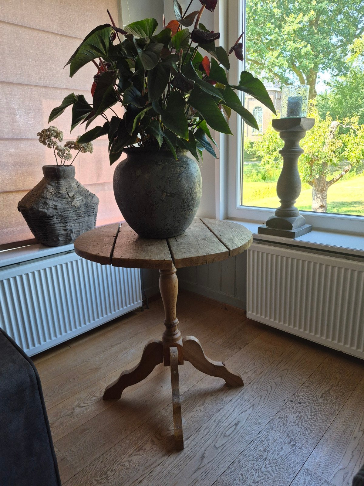 Rustieke houten bijzettafel/wijntafel, diameter 70 cm, hoogt, Ophalen, Gebruikt, Rond, Landelijk
