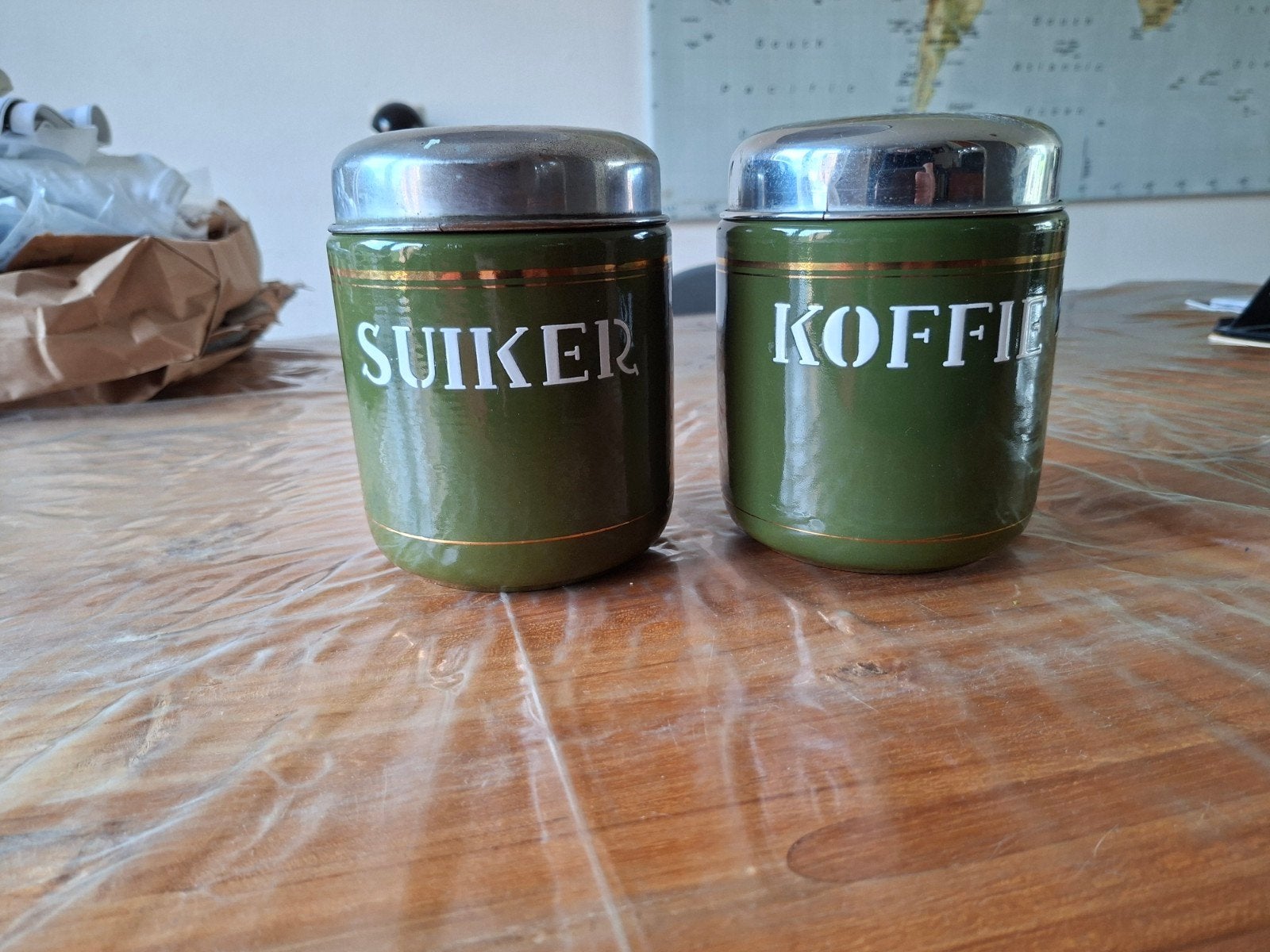 emaille bussen Suiker- en Koffie - Groen met Goud, Ophalen of Verzenden