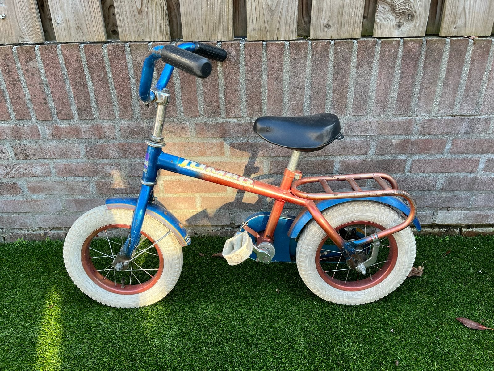 Vintage Jumbo kinderfiets - Blauw/Oranje, Ophalen, Gebruikt, Terugtraprem, Minder dan 16 inch