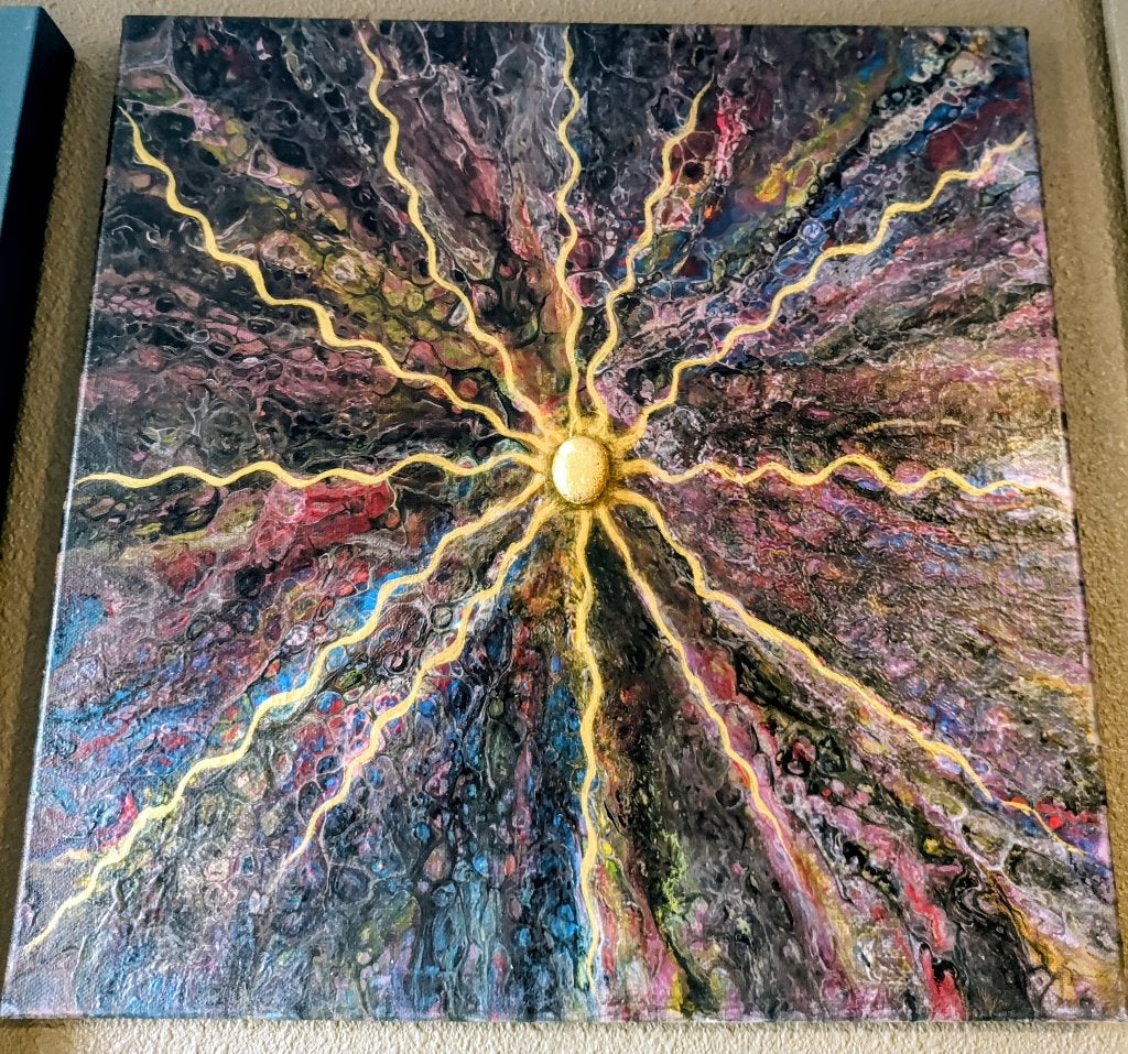 Abstract schilderij met gouden zon en stralen, Abstract, Acrylverf, Gelimiteerde oplage, Ophalen of Verzenden