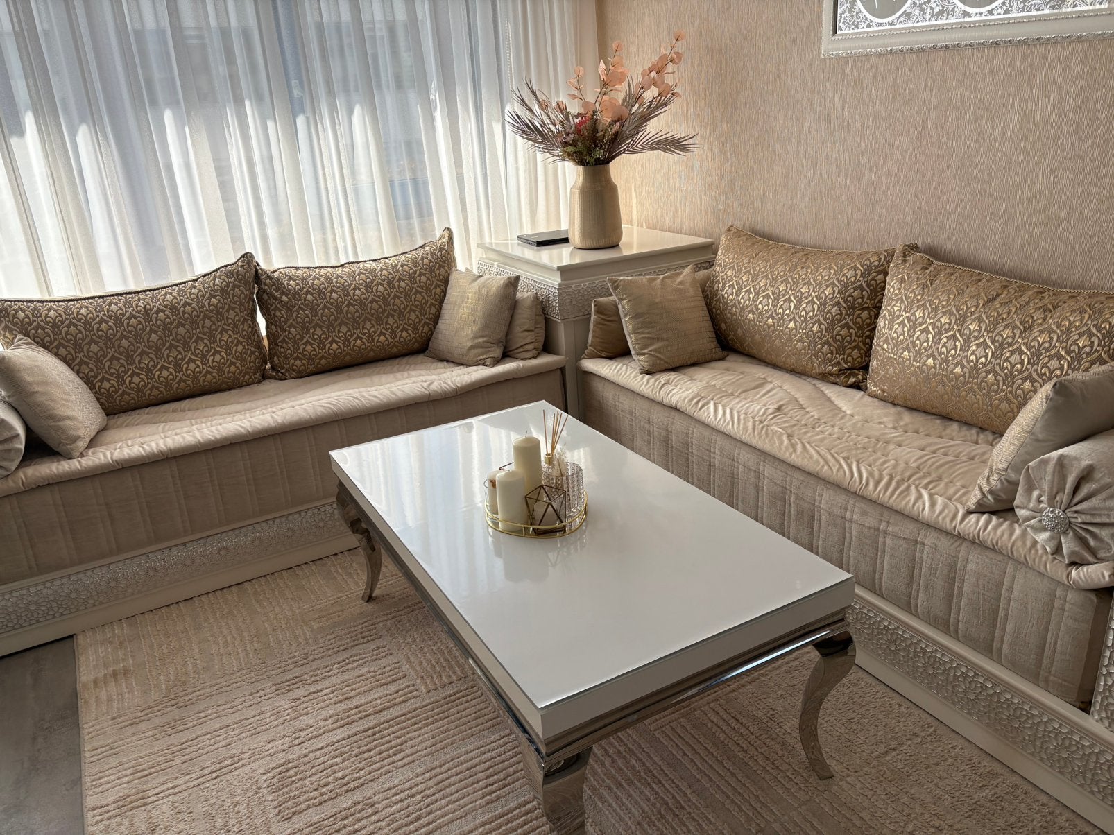 Luxe Marokkaanse Sedari - Hoekbank in beige/goud, Hoekbank, 300 cm of meer, 75 tot 100 cm, Ophalen of Verzenden