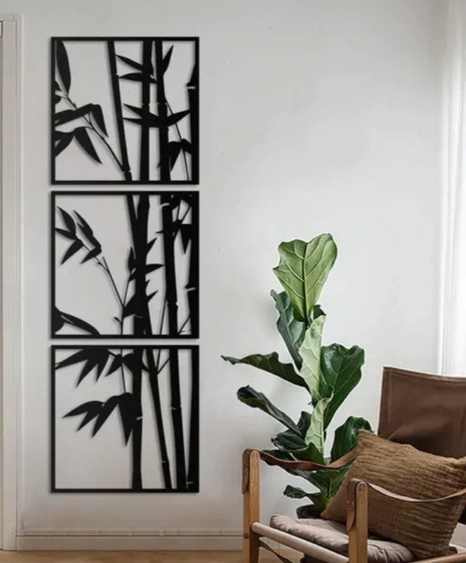 Verticale 3-luik bamboe wanddecoratie, Ophalen, Metaal, 140 cm, Industrieel