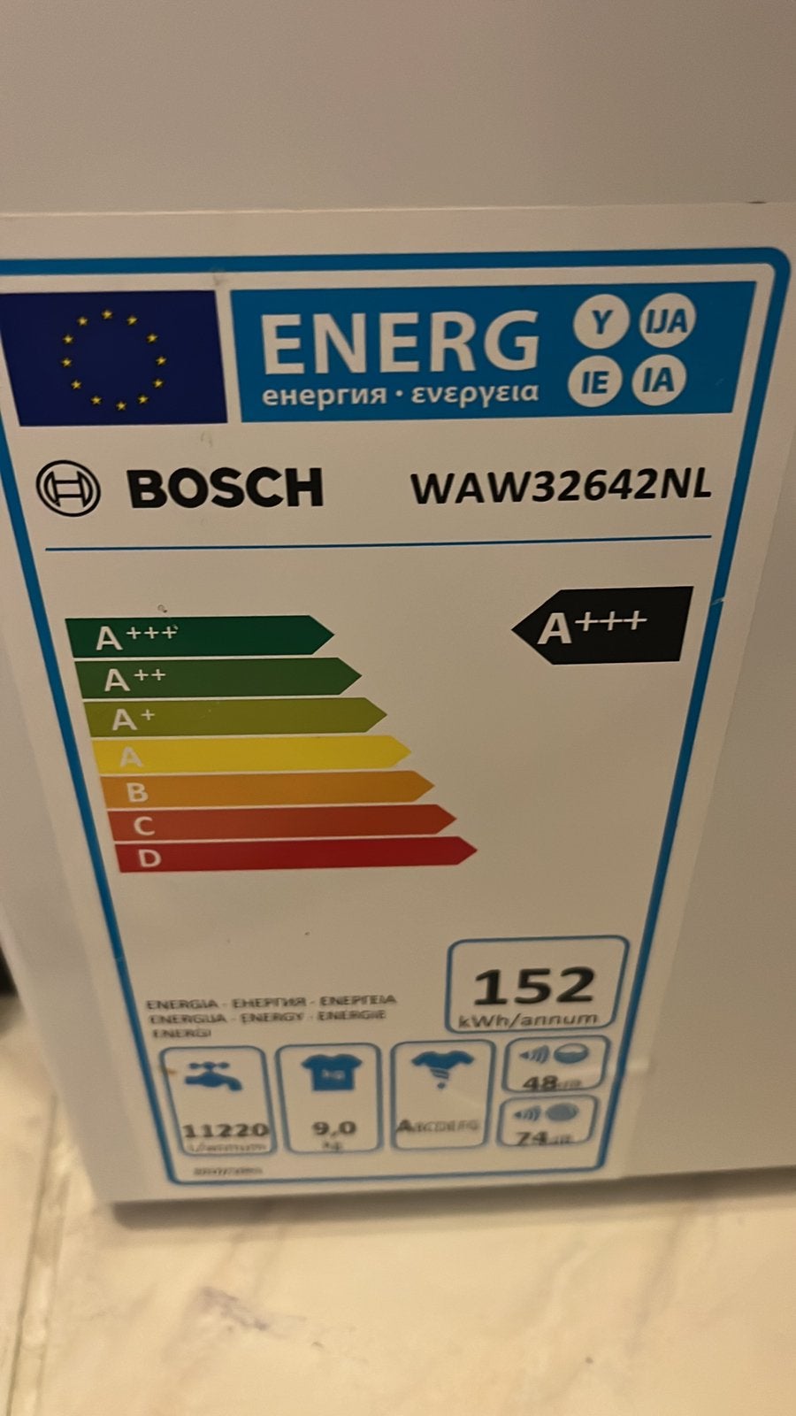 Bosch wasmachine 9 kilo  , trommel is stuk, Ophalen, Minder dan 60 m³, 3 snelheden of meer, Zo goed als nieuw