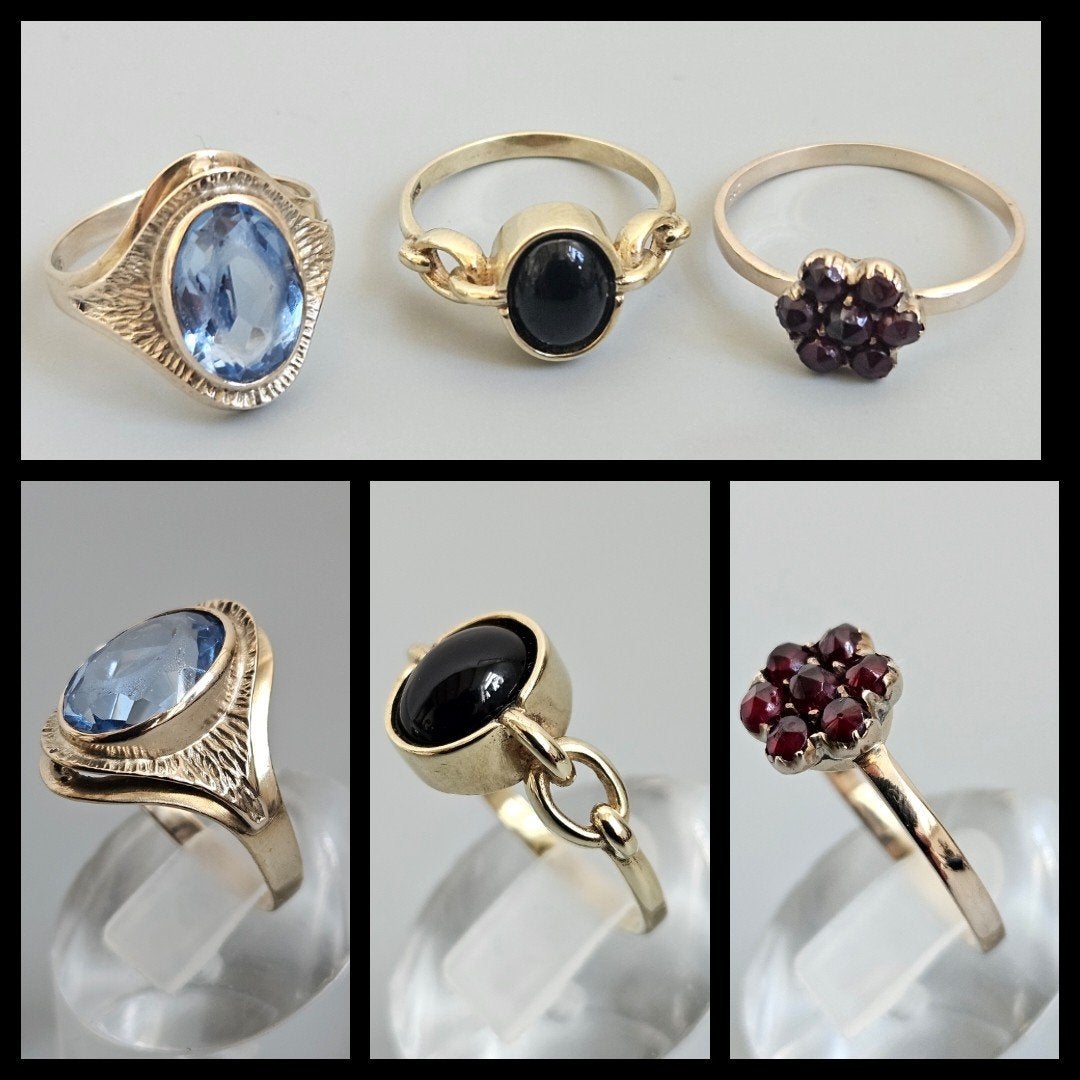drie gouden ringen bezet met diverse geslepen stenen., Sieraden, Tassen en Uiterlijk, Antieke sieraden, Ophalen of Verzenden, Goud