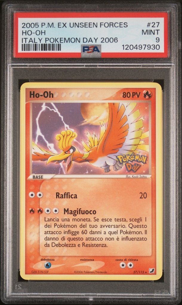 POKEMON DAY HO-OH EX UNSEEN FORCES STAMPED PROMO ITALY PSA 9, Ophalen of Verzenden, Zo goed als nieuw