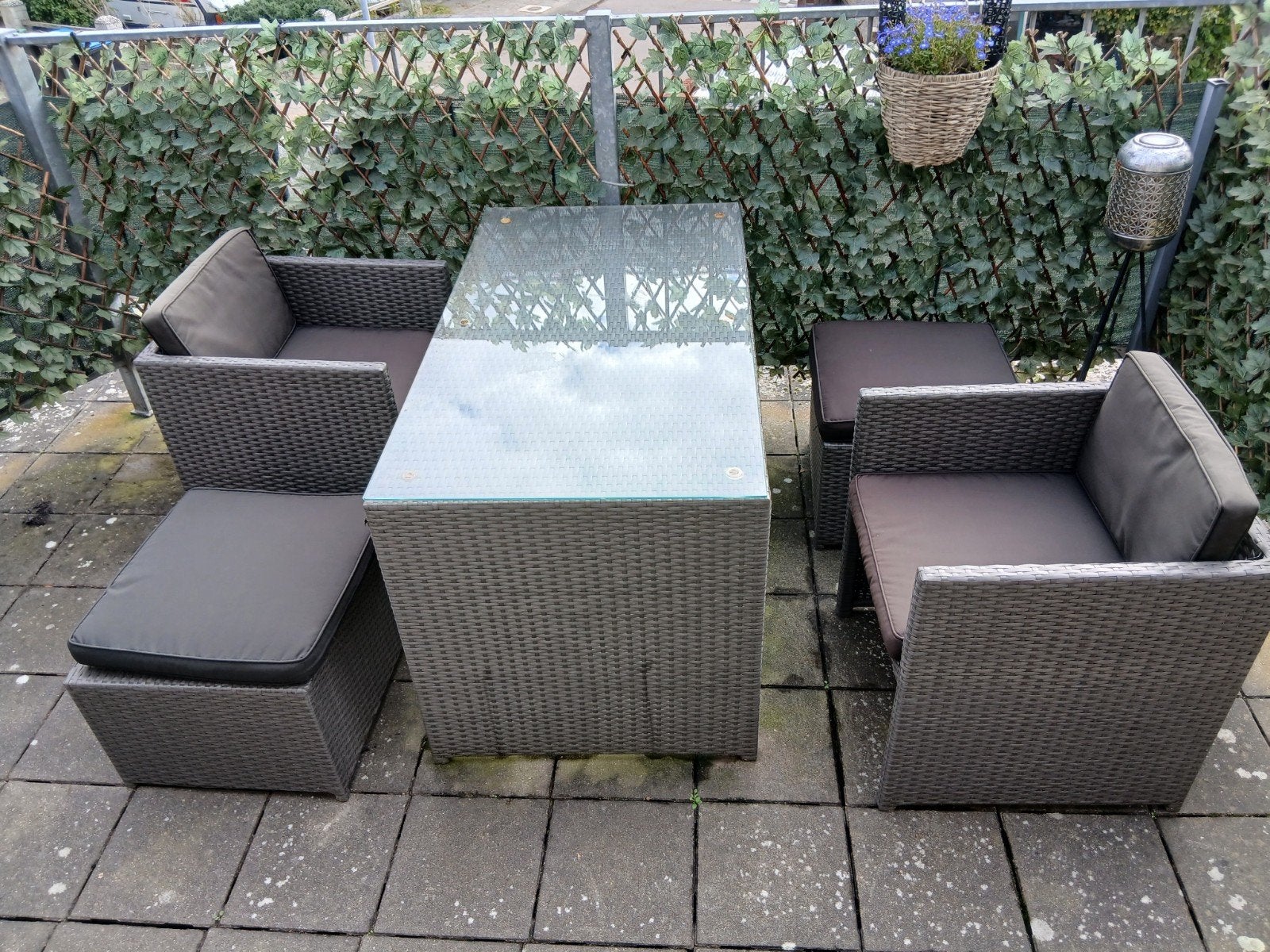 Compacte Wicker Tuinset met Glazen Tafel en Kussens, Tuin en Terras, Ophalen, 4 zitplaatsen, Gebruikt, Wicker
