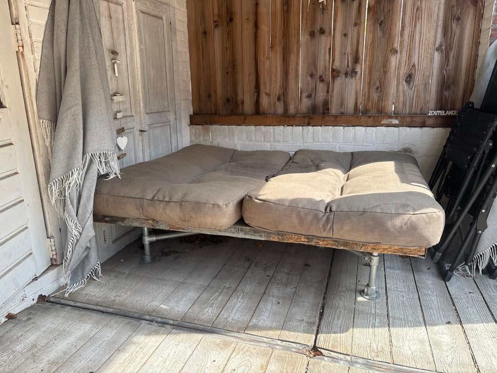 Relex bank van steigerhout met pallet kussens, Ophalen of Verzenden, Gebruikt, Hout