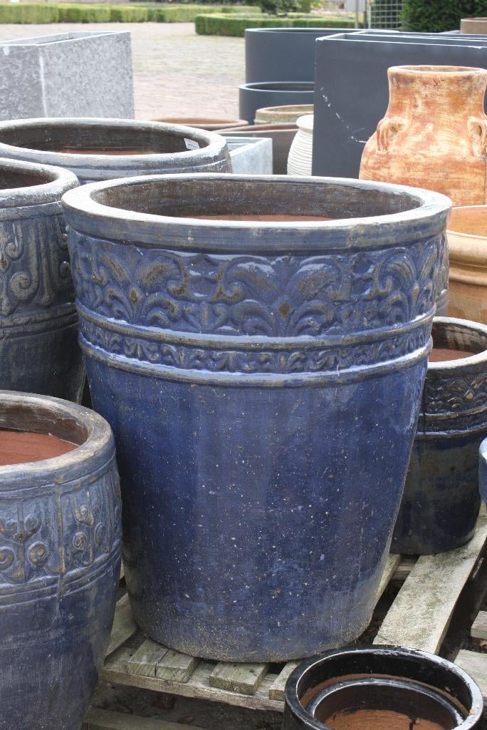Hoge blauwe geglazuurde bloempotten terras (2 maten), Tuin en Terras, Bloempotten, Zo goed als nieuw, Aardewerk, Balkon, Tuin