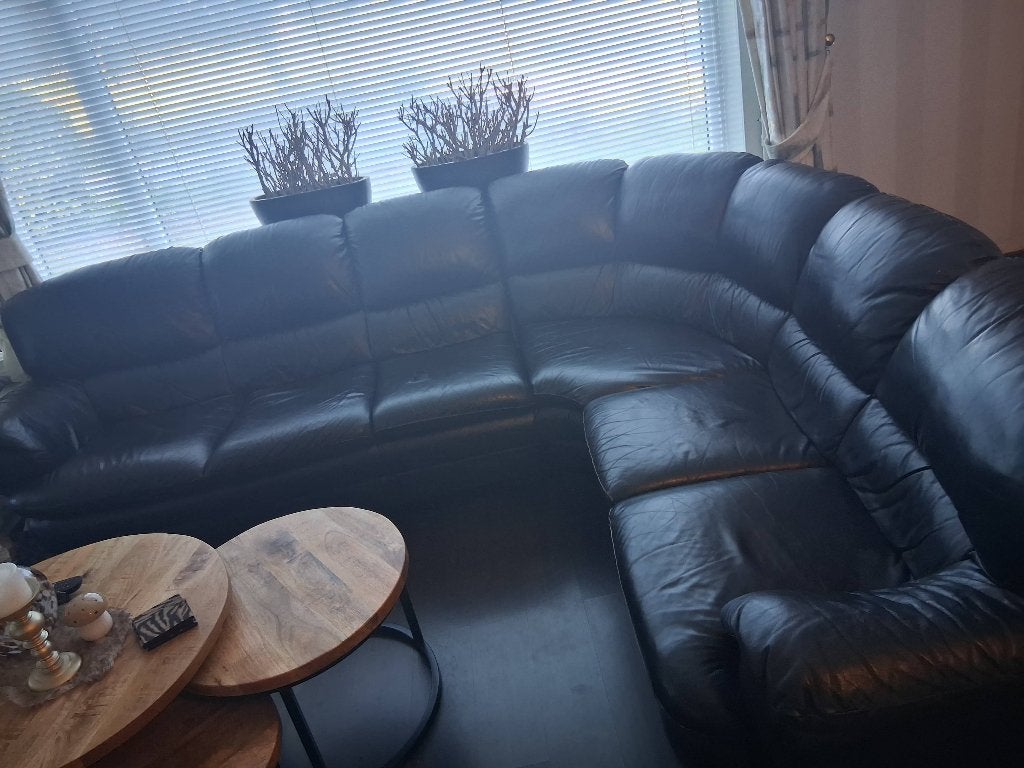 Hoekbank zwart leder, Huis en Inrichting, Ophalen, 250 tot 300 cm, Gebruikt, Minder dan 75 cm