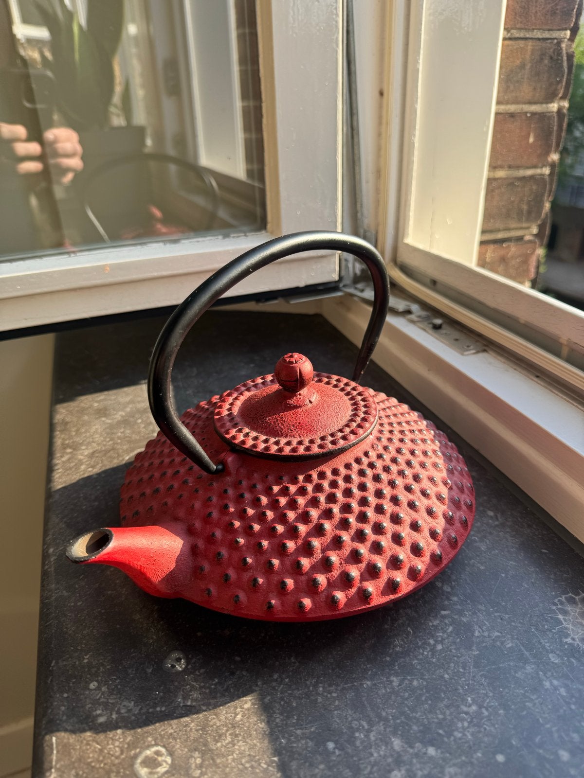 Japanse rode gietijzeren theepot met theezeef, Theepot/fluitketel, Gebruikt, Ophalen of Verzenden, Metaal