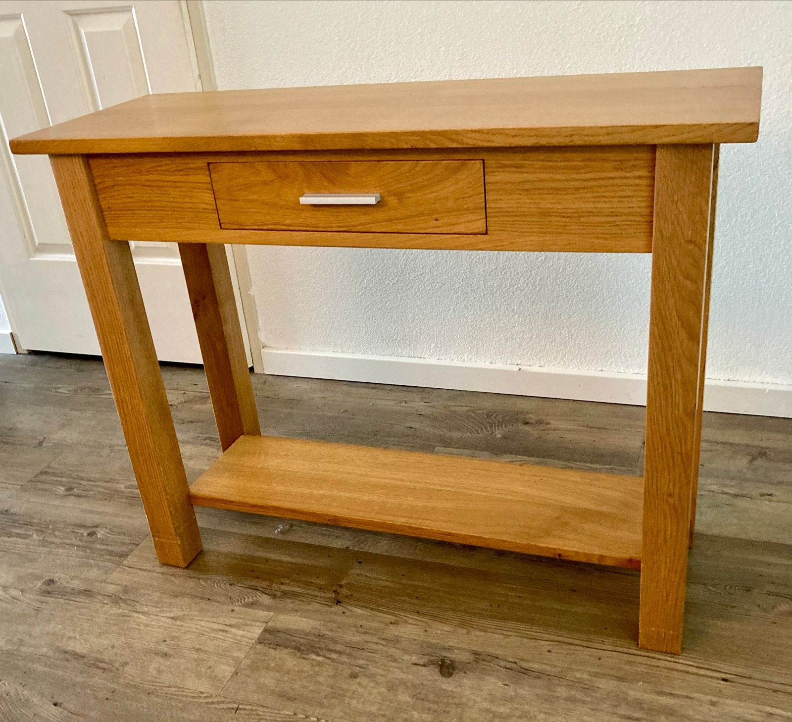 Eikenhouten sidetable met lade en plank, Ophalen, Gebruikt, 50 tot 100 cm, Eikenhout