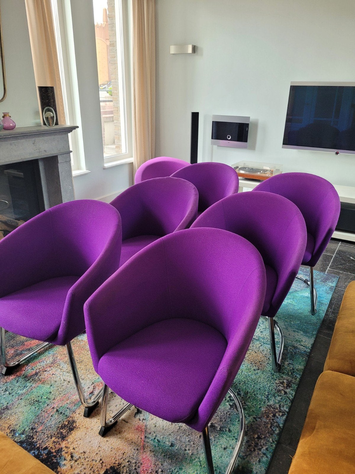 6 Design stoelen Artifort Megan paars met chromen sledepoot, Ophalen, Gebruikt, Overige kleuren, Stof