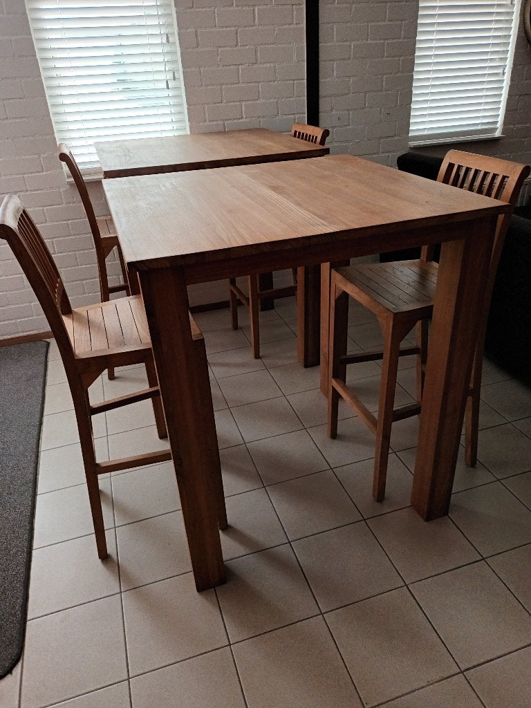 Teak teakhout houten sta tafels krukken hoge stoelen hout, Ophalen, Gebruikt, 4 tot 6 stoelen