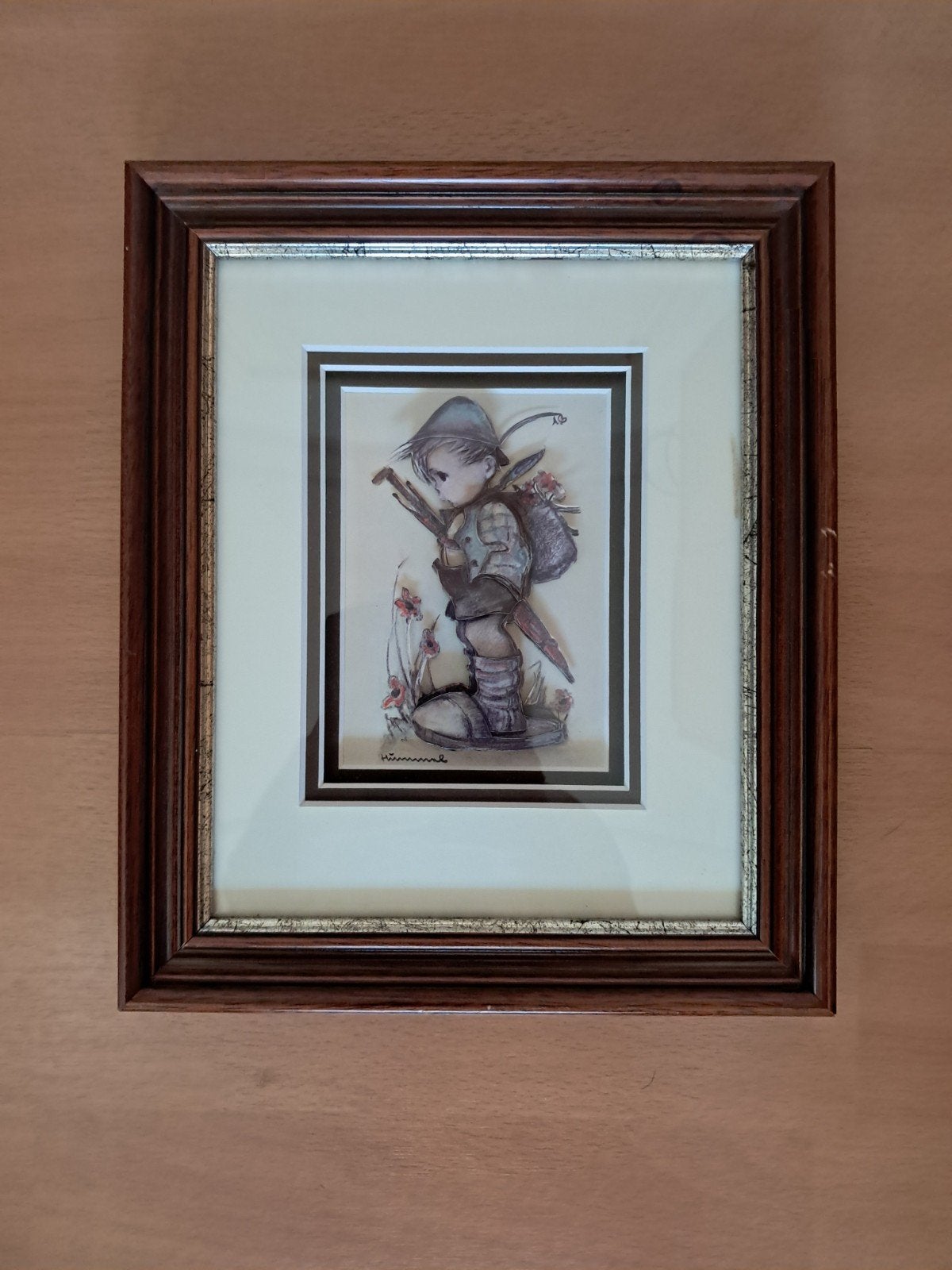 Origineel M.J. Hummel schilderijtje-jongen met pijl en boog, Minder dan 50 cm, Gebruikt, Oorspronkelijke maker, Ophalen of Verzenden