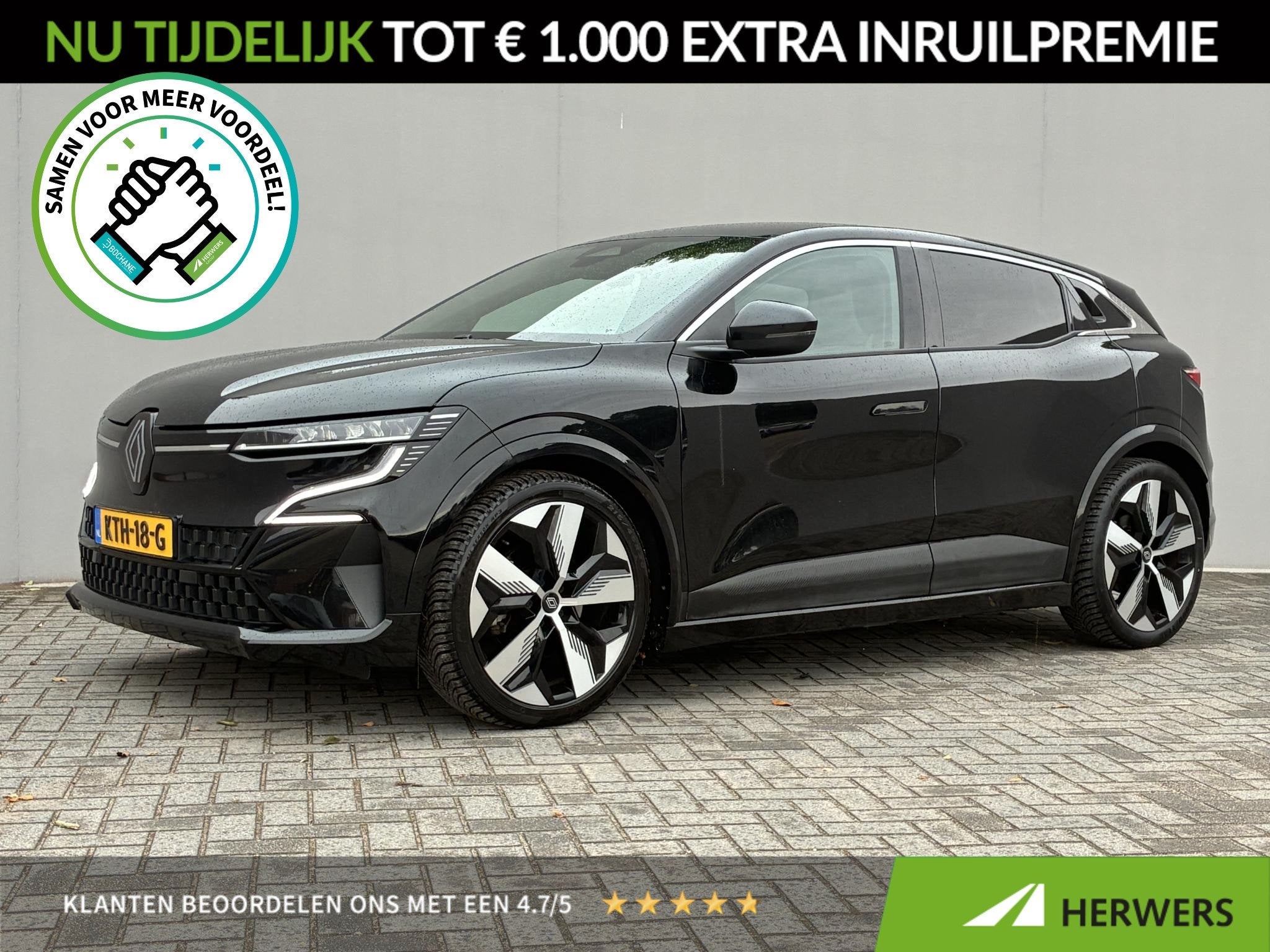 Renault Megane E-Tech EV40 Boost Charge Techno / Accu SoH 92, Auto's, Gebruikt, 300 km, Leder en Stof, Zwart