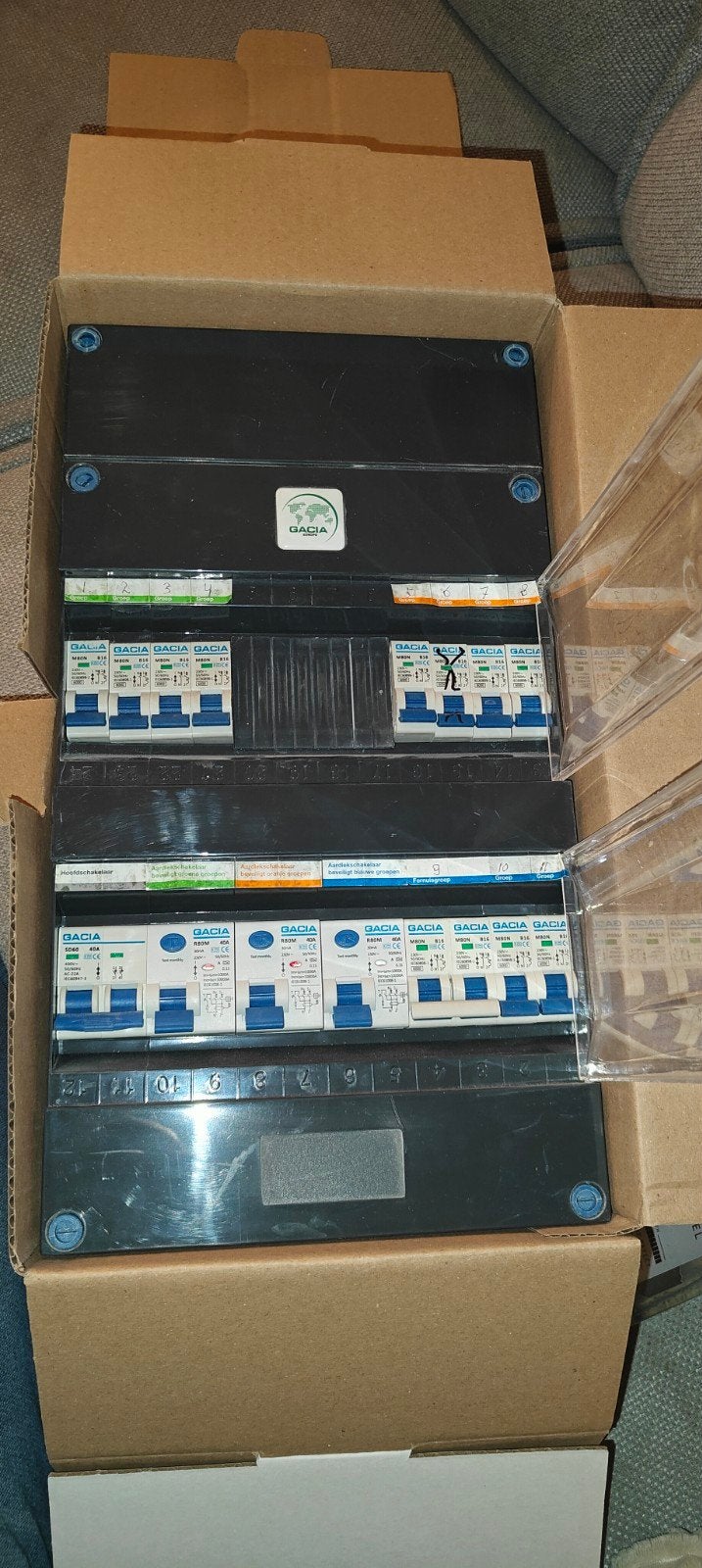 Gacia 1-fase groepenkast met aardlekautomaten, Ophalen of Verzenden, Gebruikt, Overige merken, Groepenkast