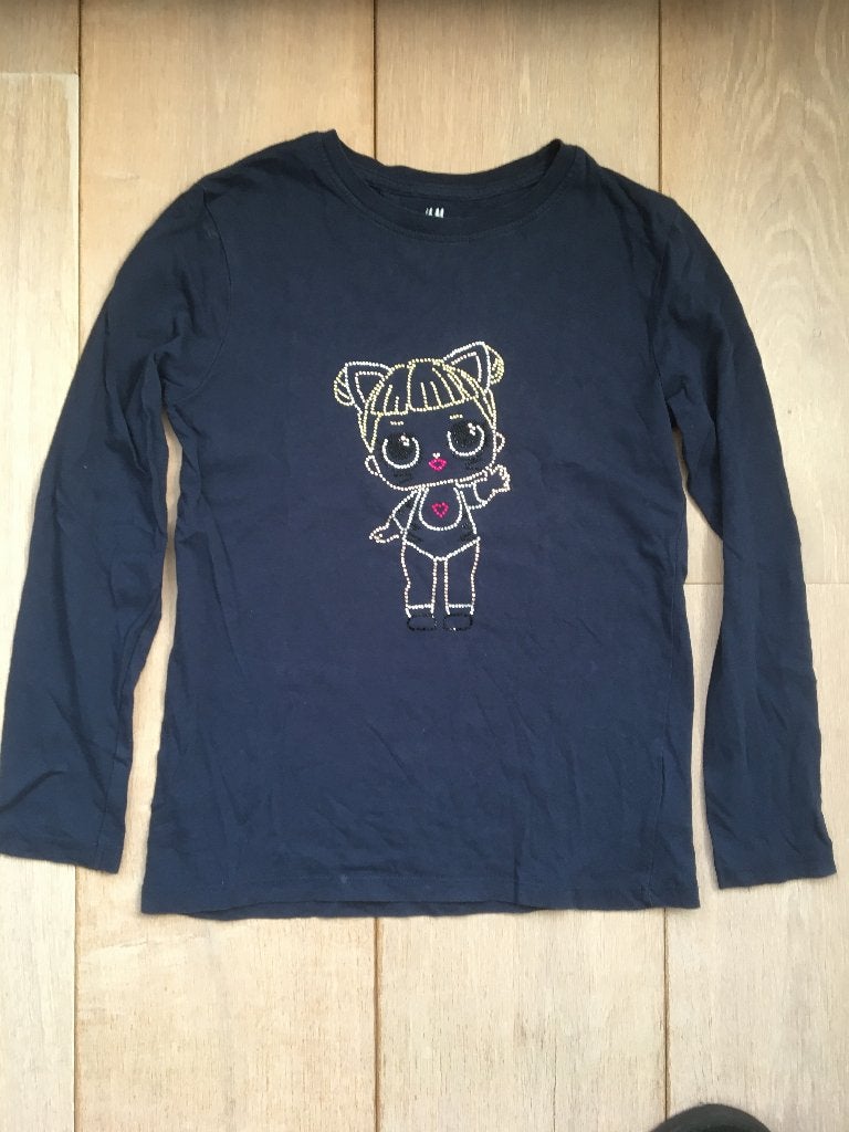 Donkerblauw meisjesshirt met strass LOL design (134-140), Meisje, H&M, Ophalen of Verzenden, Zo goed als nieuw