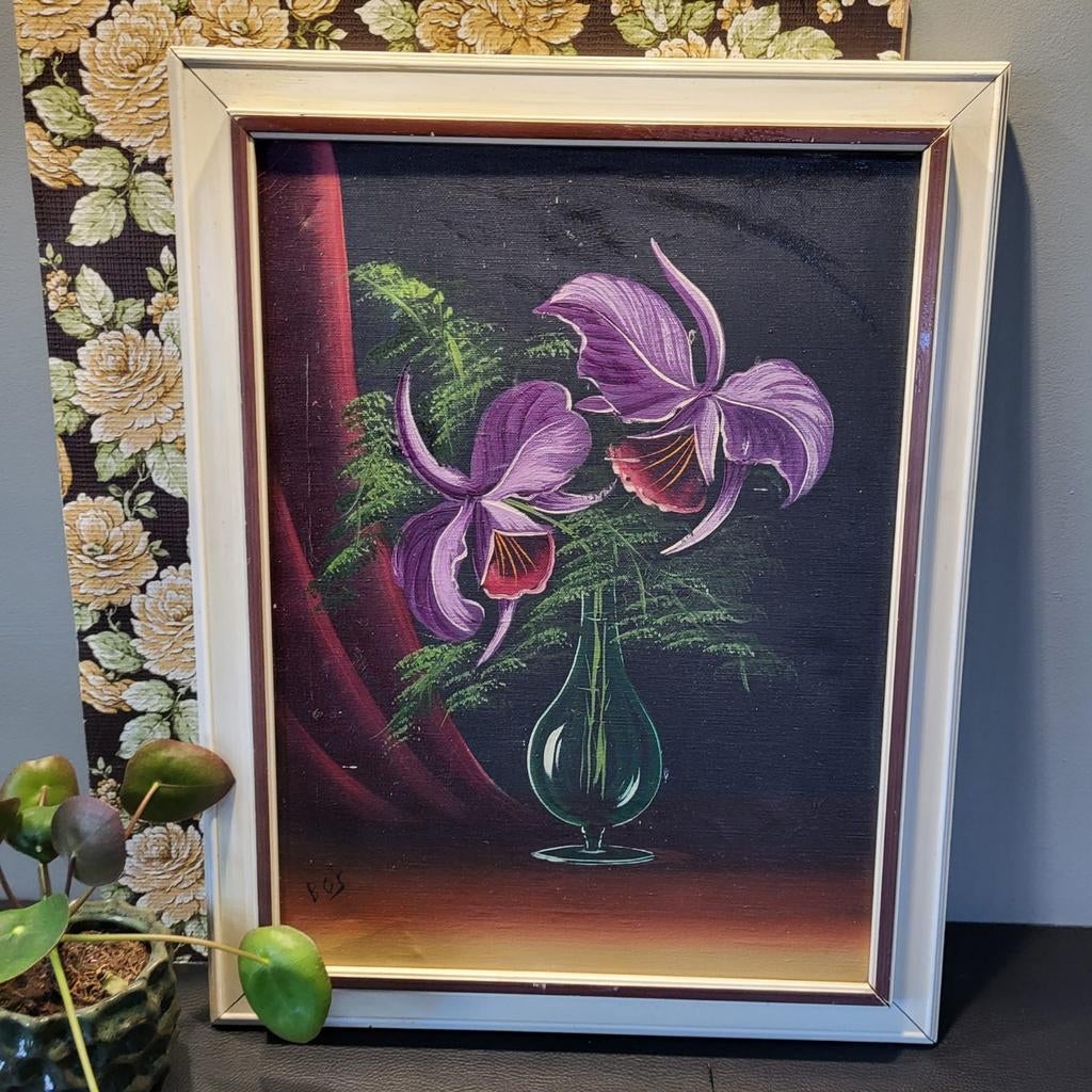Origineel schilderij met paarse bloemen 37x47 cm., Ophalen of Verzenden