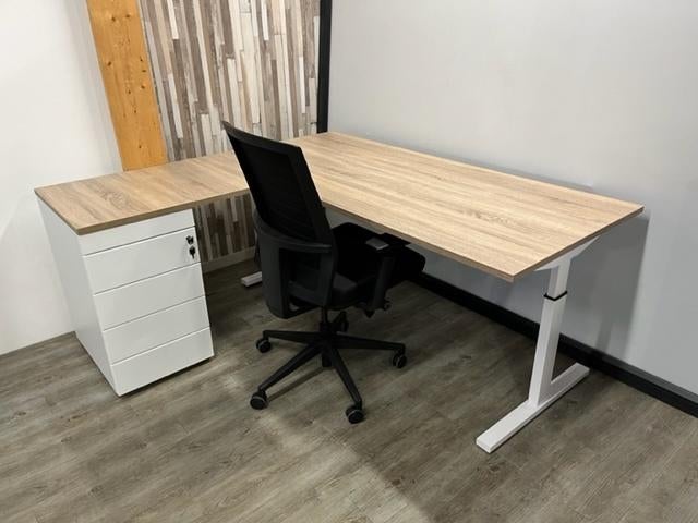 T- line Hoekbureau + standcontainer (wit), Huis en Inrichting, Bureaus, Gebruikt, Ophalen