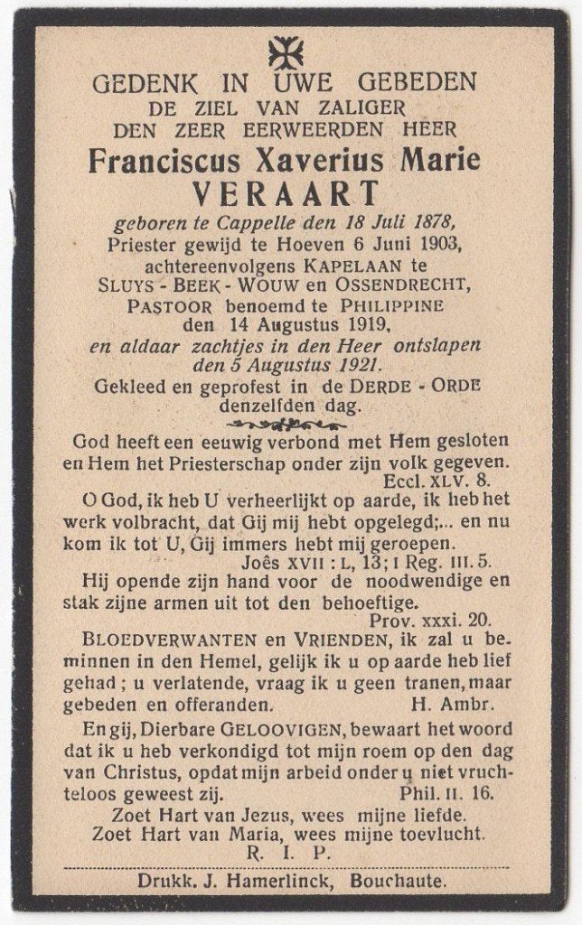 pastoor Franciscus Veraart 1878 Capelle + 1921 Philippine, Verzamelen, Bidprentjes en Rouwkaarten, Verzenden