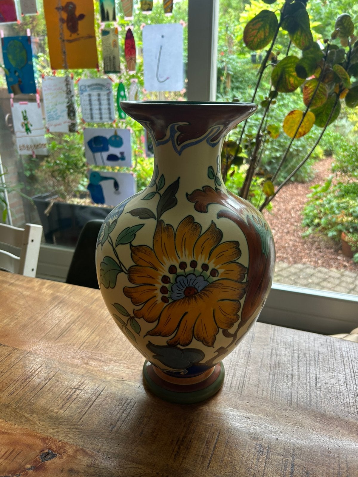 Grote Vintage Keramieken Vaas met Bloemmotief (H 40 cm), Ophalen