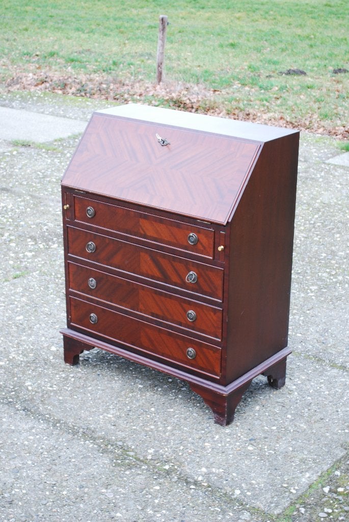 Engelse mahoniehouten secretaire met klepbureau, Ophalen, Met lades, Hout, Secretaire