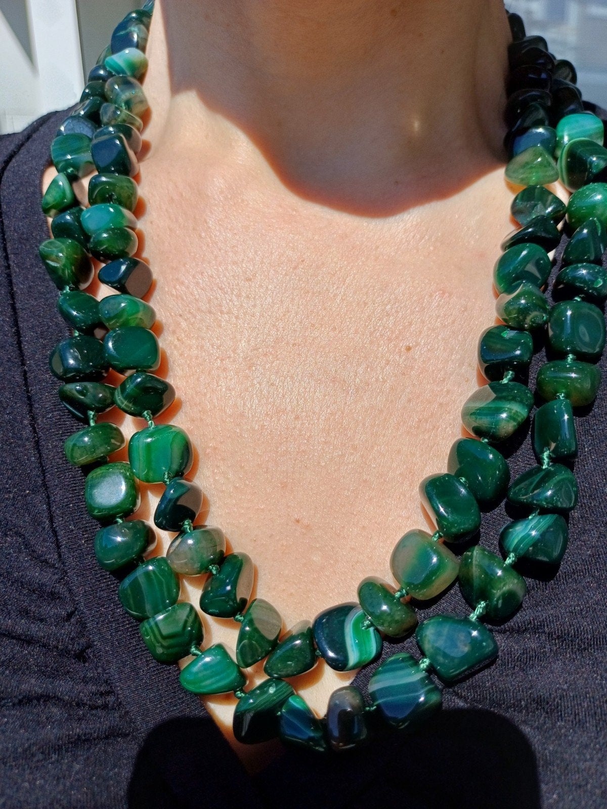Vanoli collier / ketting van donker groen agaat, Sieraden, Tassen en Uiterlijk, Kettingen, Nieuw, Steen of Mineraal, Groen, Met edelsteen