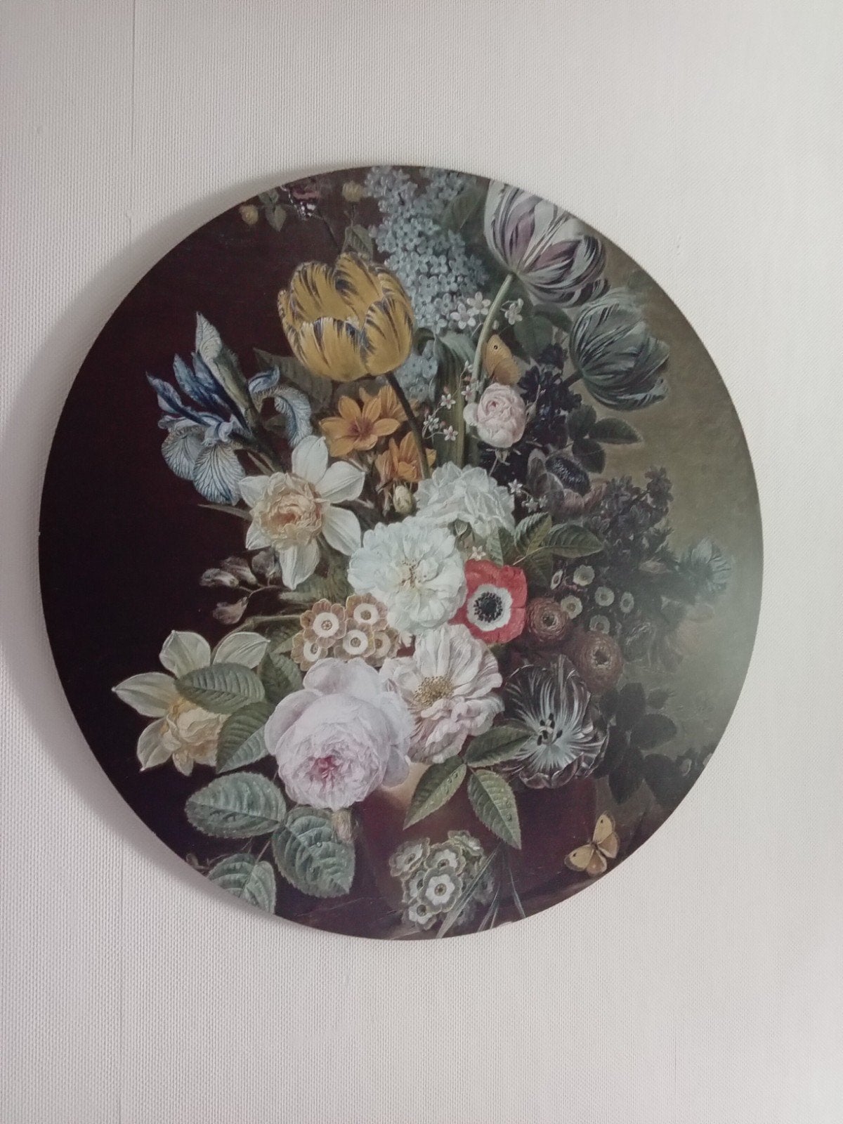 Rond hout  schilderij met bloemenstilleven, Ophalen