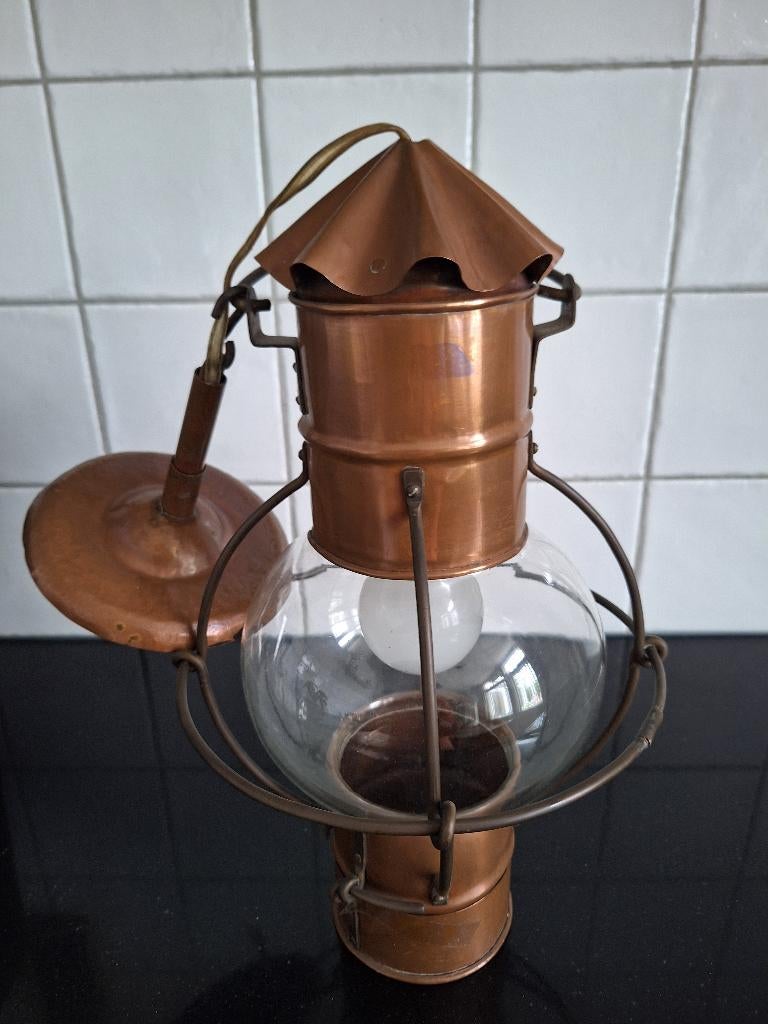 Scheepslamp, handgemaakt, roodkoper., Huis en Inrichting, Lampen | Hanglampen, Ophalen, Gebruikt, Glas, 50 tot 75 cm