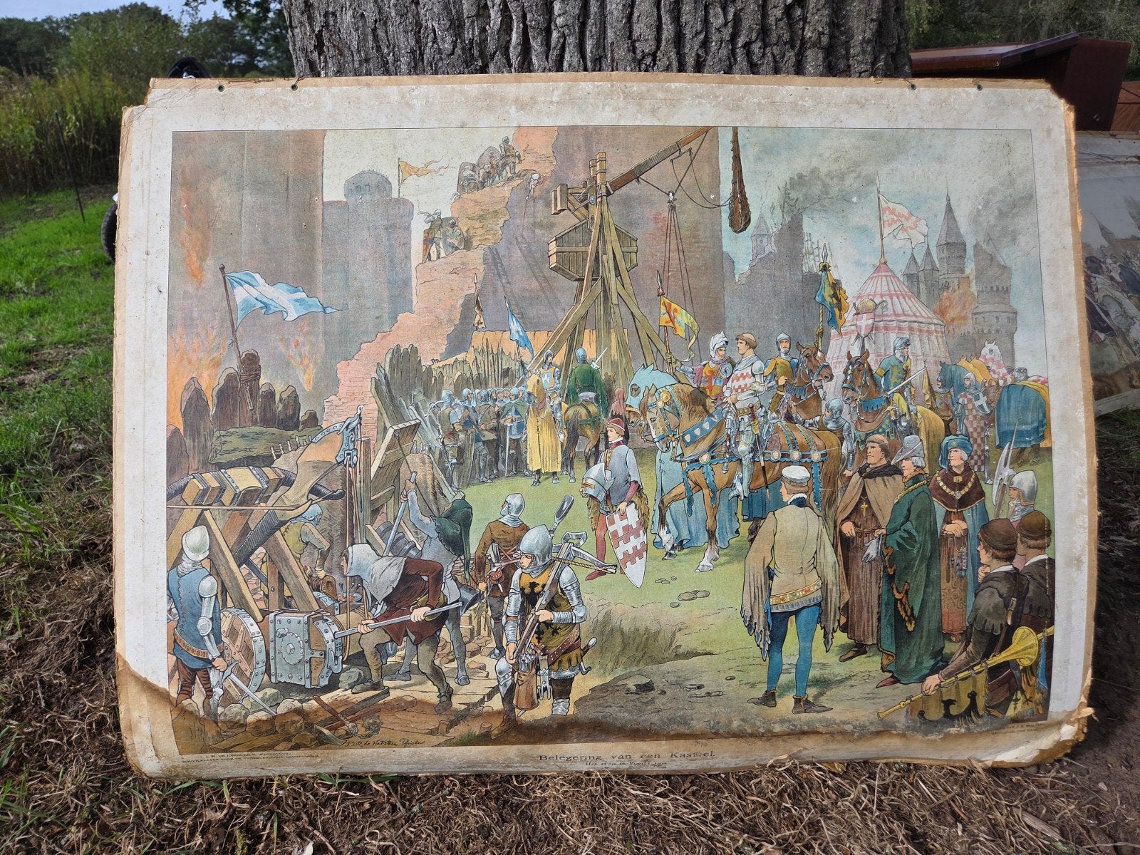 Antieke schoolplaat: Beleg van een middeleeuws kasteel, Antiek en Kunst, Ophalen of Verzenden