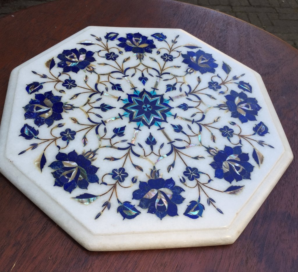 Inlegwerk lapis, turkoois en parelmoer in marmer. India., Antiek en Kunst, Ophalen of Verzenden