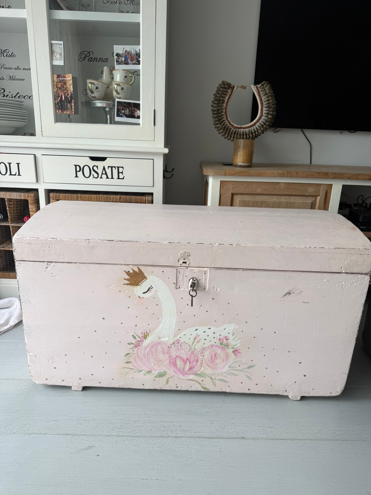 Vintage houten speelgoedkist/dekenkist roze handbeschilderd, Huis en Inrichting, Ophalen, Zo goed als nieuw, 50 tot 100 cm, Minder dan 50 cm