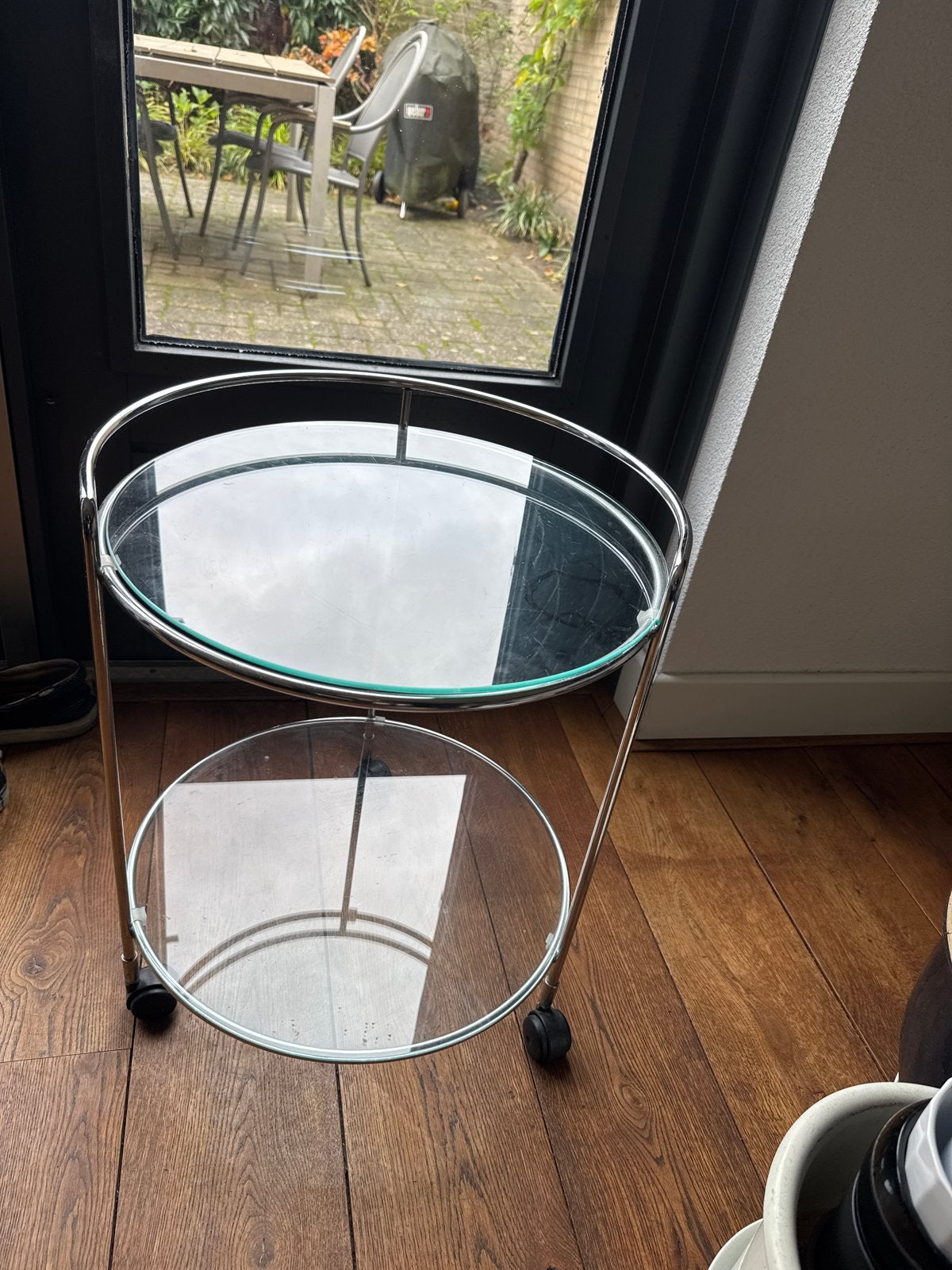 Vintage serveerwagen chroom met glas, Ophalen, Minder dan 55 cm, Gebruikt, Metaal of Aluminium