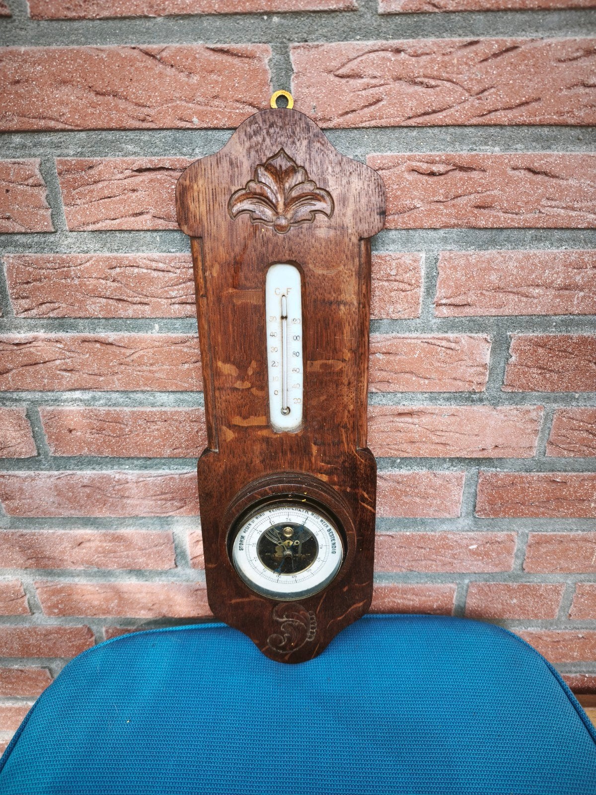 Antieke Barometer en Thermometer - Houtsnijwerk, Ophalen of Verzenden, Gebruikt, Weerstation