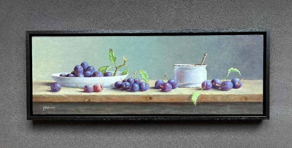 Schilderij kom en pruimen in een schaal. Hans Habraken., Ophalen of Verzenden