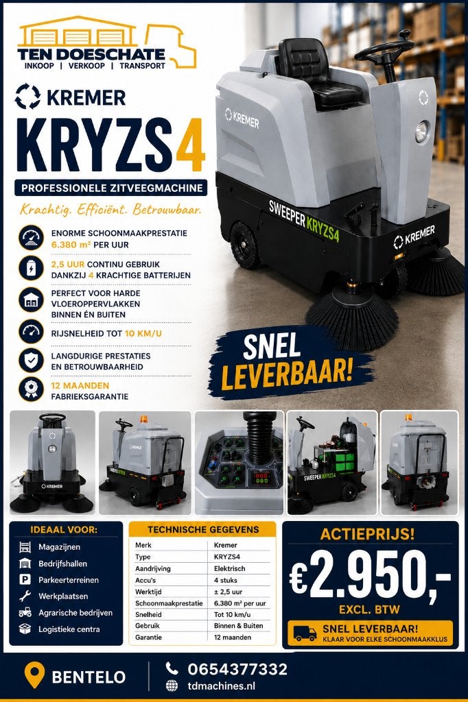 Zitveegmachine voor binnen en buiten, achterloop op voorraad, Tuin en Terras, Veegmachines, Ophalen, Nieuw, Kremer