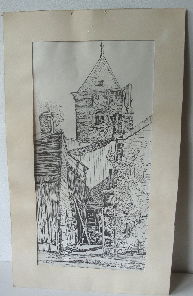 Houtsnede of pentekening Bunnik 5 augustus 1935, Antiek en Kunst, Stadsgezicht, 43 cm, Ophalen of Verzenden, Houtsnede