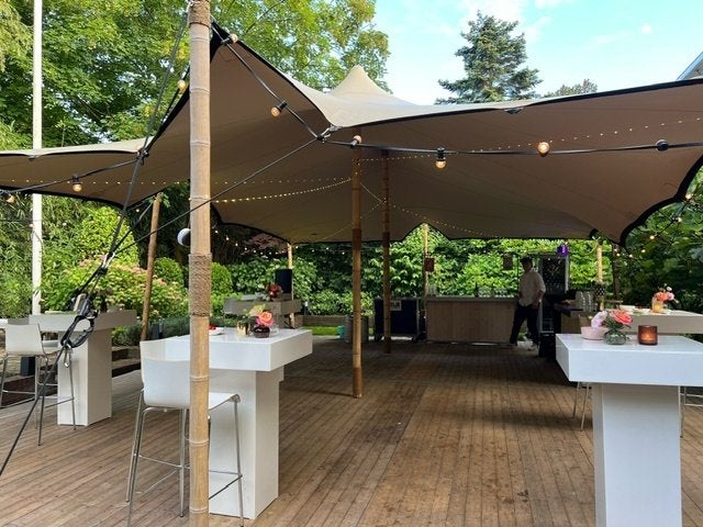 RHI chino stretchtent 7,5 x 10,5 meter – te koop, Gebruikt, Opvouwbaar, Overige typen, 6 meter of meer