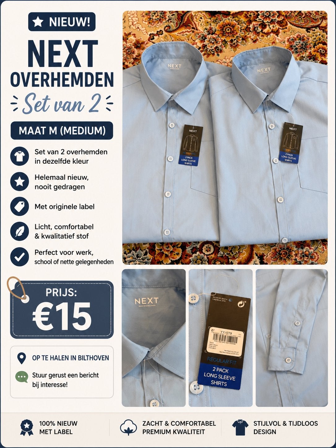 2 Nieuwe NEXT Overhemden Lichtblauw - Maat 164 (14 jaar), Kleding | Heren, Overhemden, Ophalen, Nieuw, Blauw, Overige halswijdtes