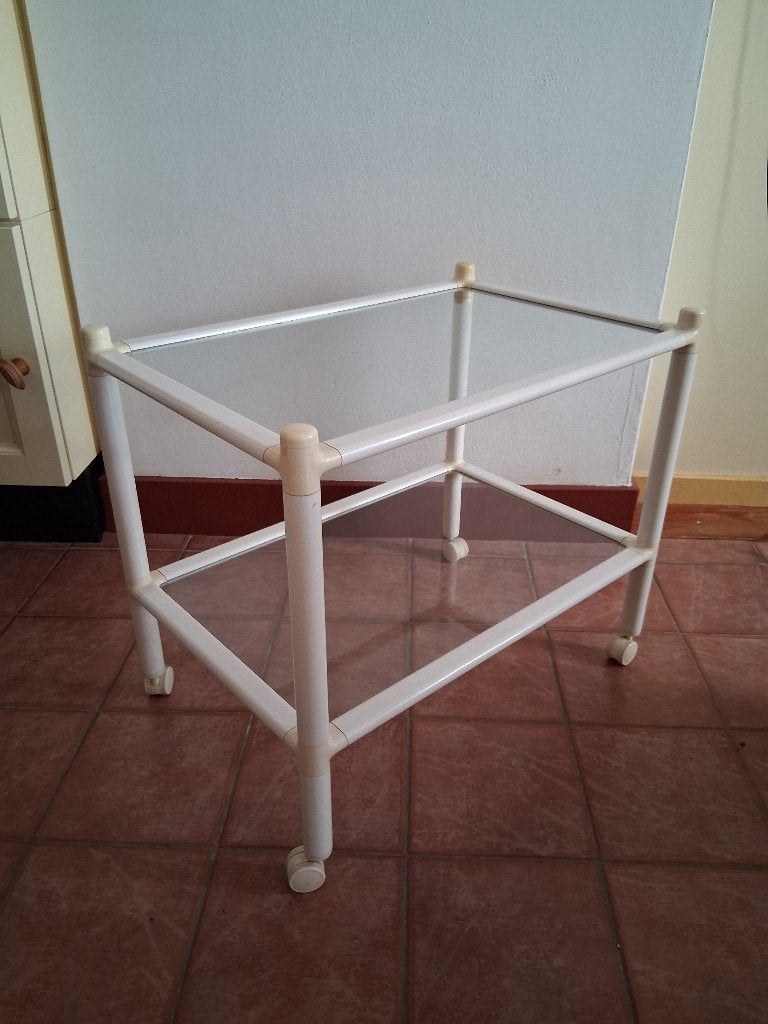 Vintage Bijzettafeltje kunststof en glas, 55 tot 75 cm, Ophalen, 45 tot 60 cm, Glas