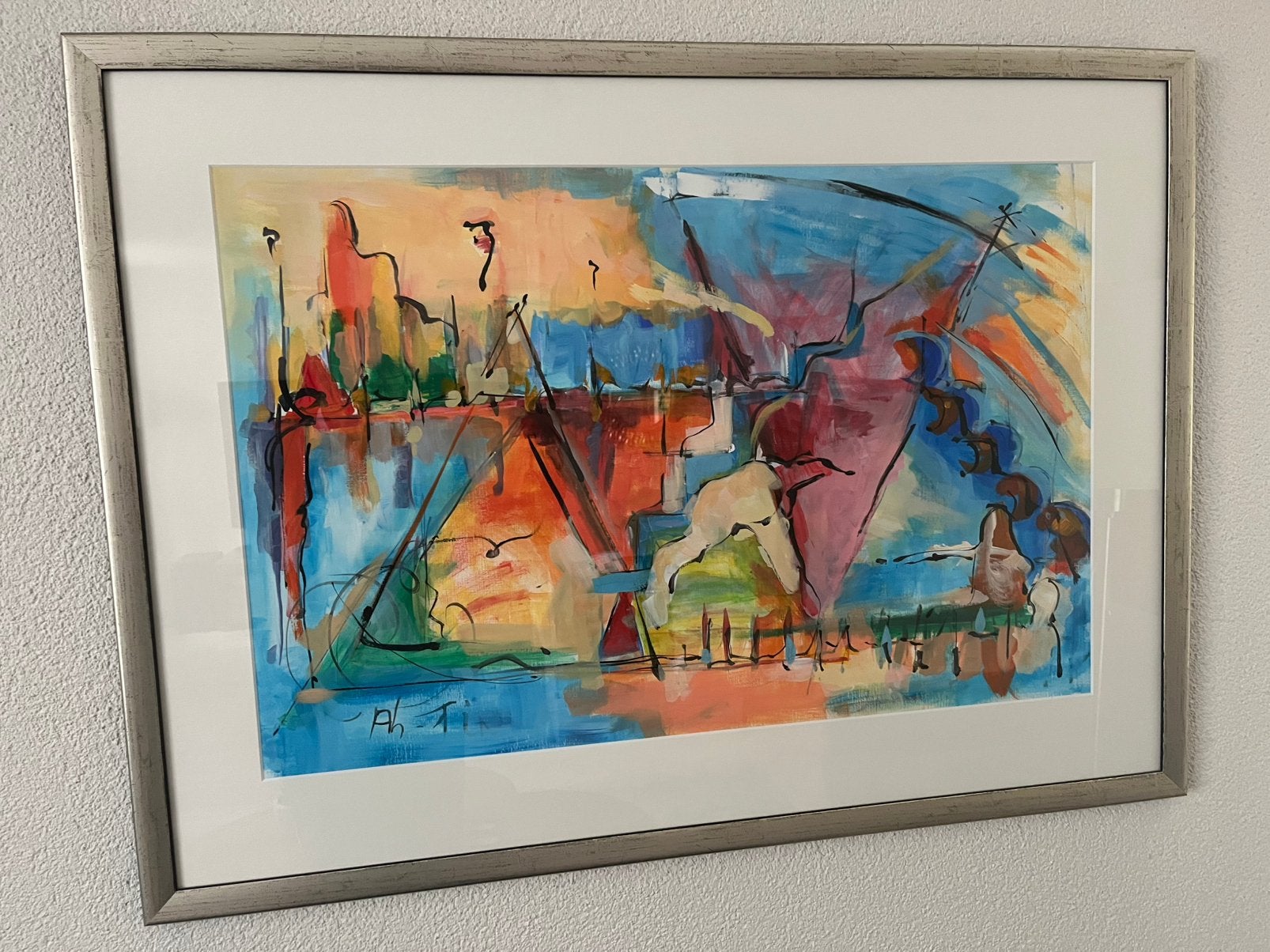 Drie kleurrijke aquarellen , 90 x 67 cm, Antiek en Kunst, Kunst | Litho's en Zeefdrukken, Gesigneerd, Ophalen, Abstract, Overige techniek