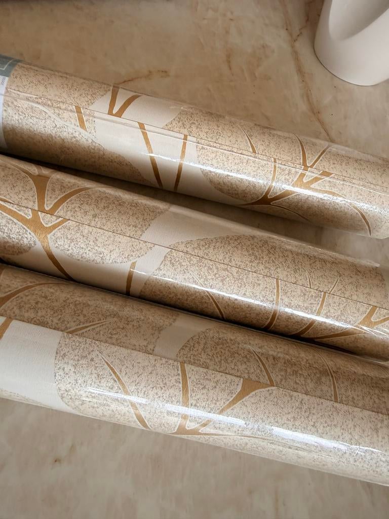 3 rollen behang met bladmotief - Beige/Goud, Ophalen, 10 tot 25 m², Beige