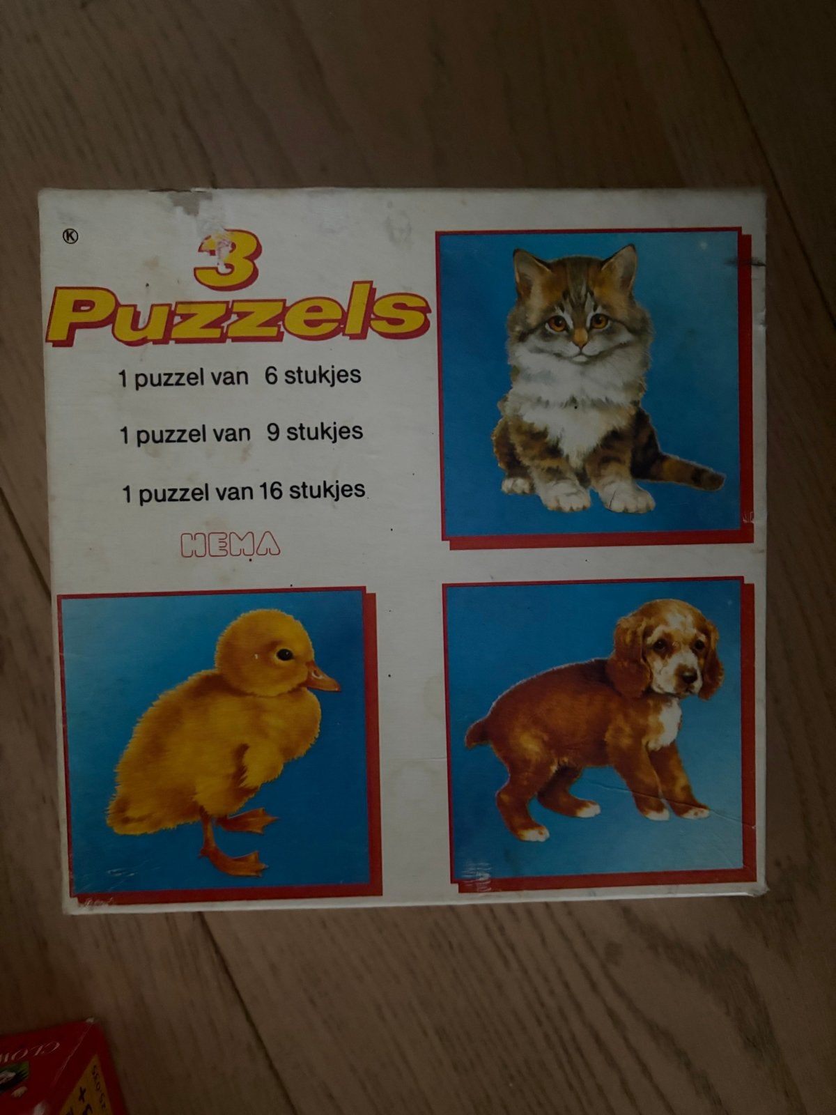 Vintage HEMA Puzzels 4-6-9 stuks: Hond, Poes, Kuiken, Ophalen of Verzenden, Minder dan 500 stukjes, Gebruikt, Legpuzzel