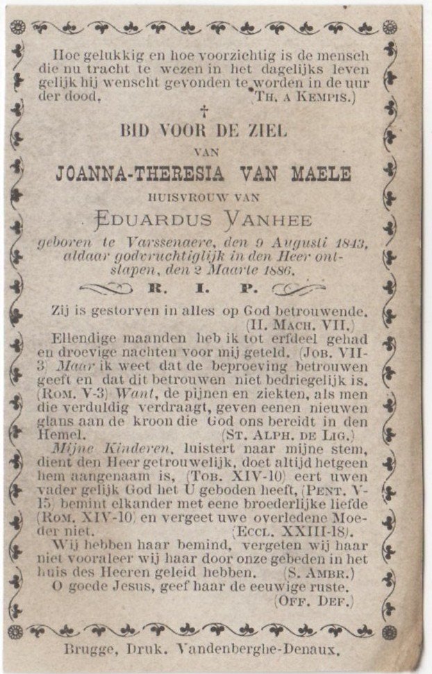 Joanna Th. Van Maele 1843 + 1886 Varssenaere, 42 jaar oud, Ophalen of Verzenden