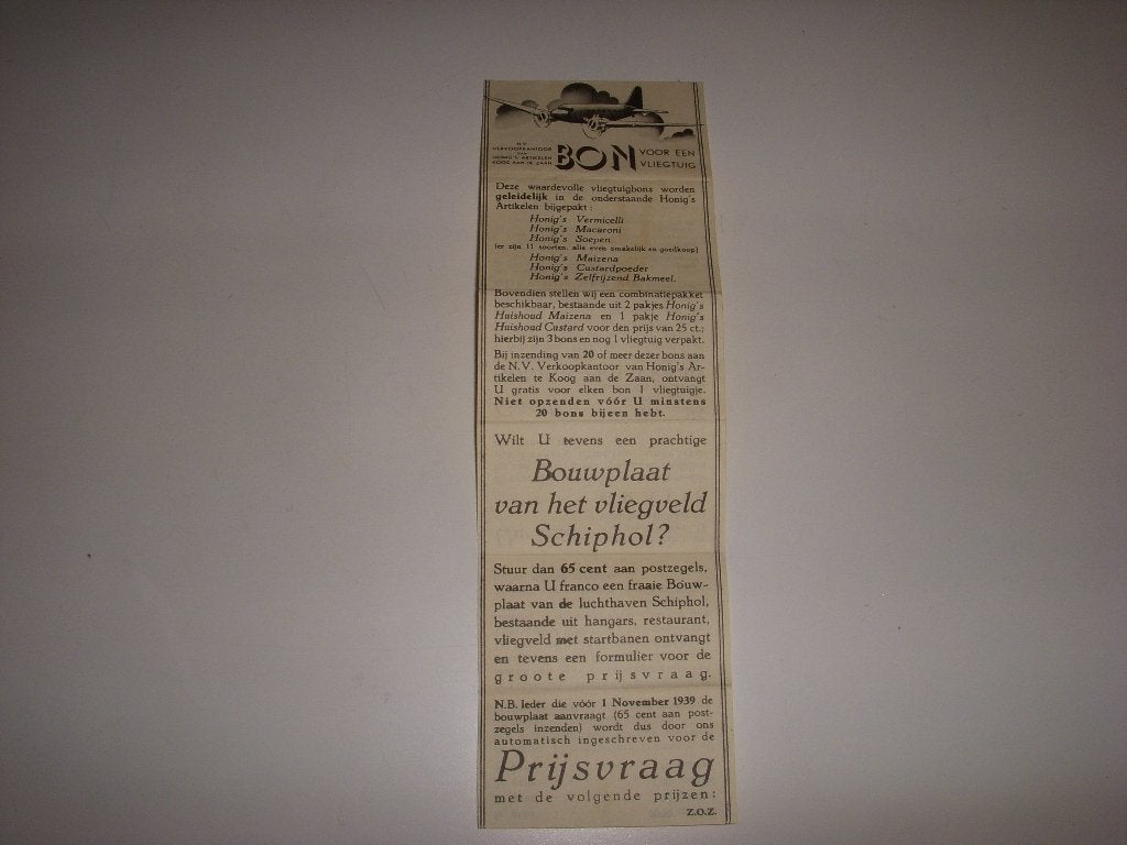 Folder/bon prijsvraag Honig voor Bouwplaat Schiphol 1939, Gelezen, Folder, Ophalen of Verzenden, Honig artikelen, prijsvraag