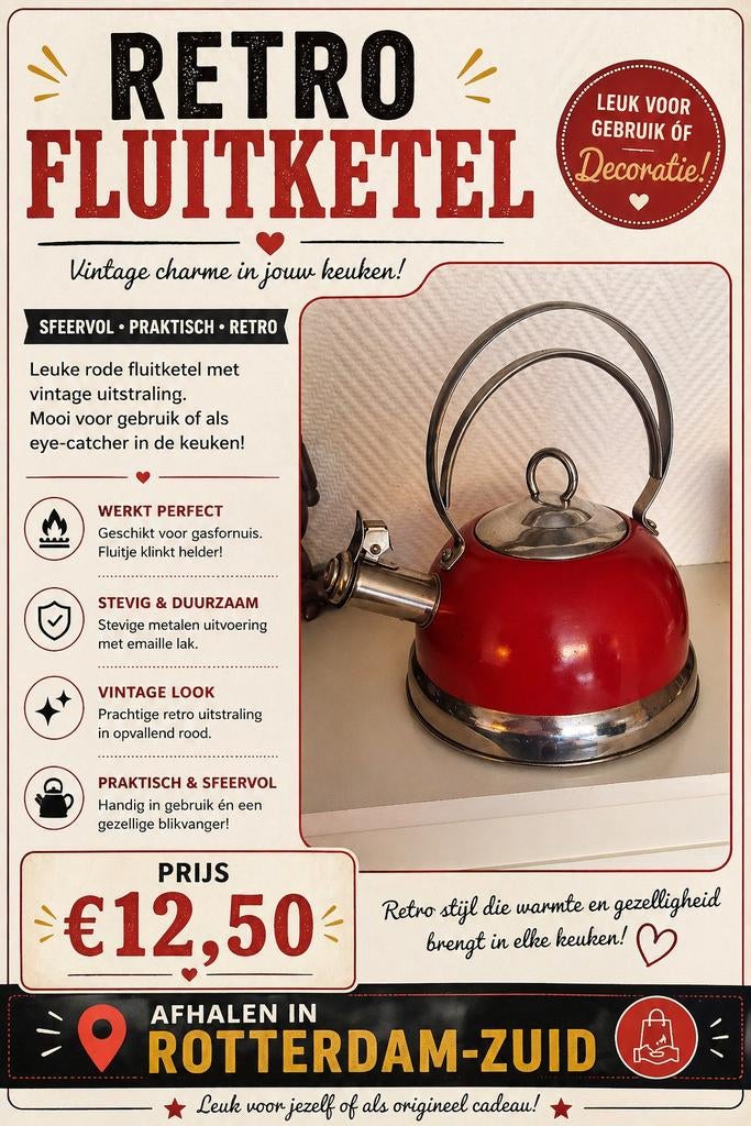 Retro Fluitketel - Vintage Charme voor jouw Keuken!, Huis en Inrichting, Gebruikt, Metaal, Rood, Overige merken