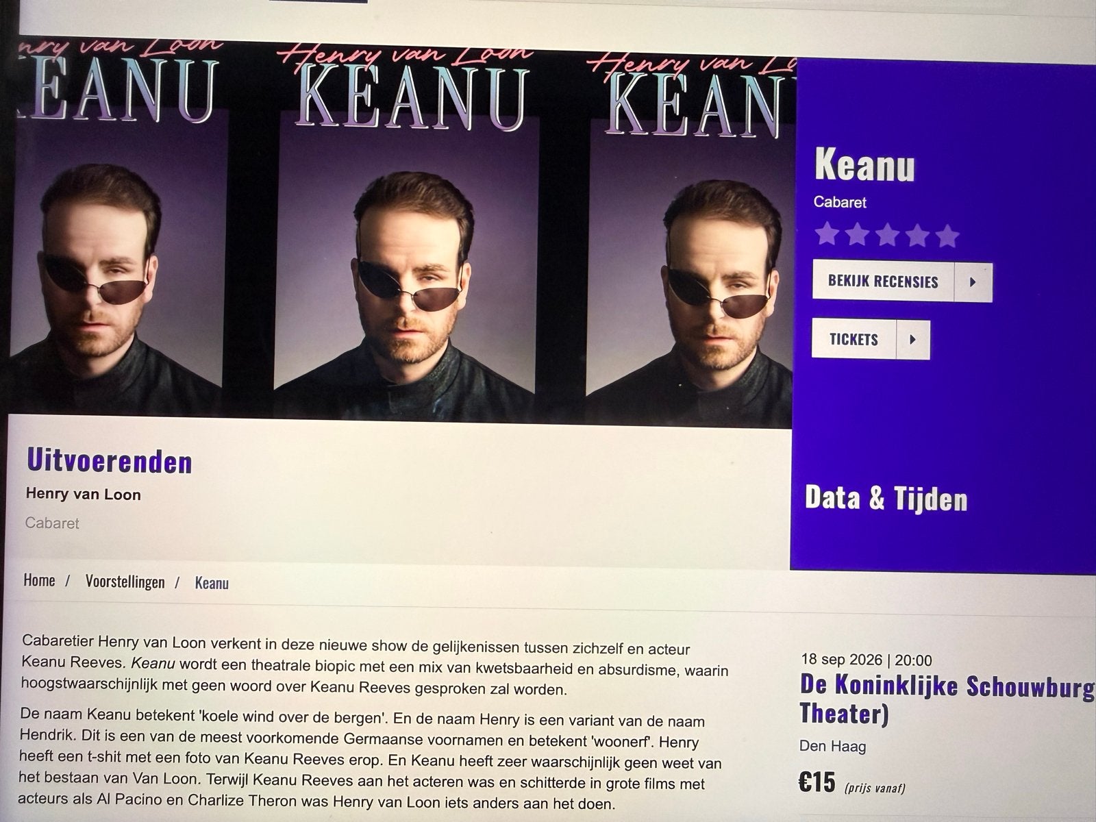 Henry van Loon : Keanu, Tickets en Kaartjes, Twee personen, September